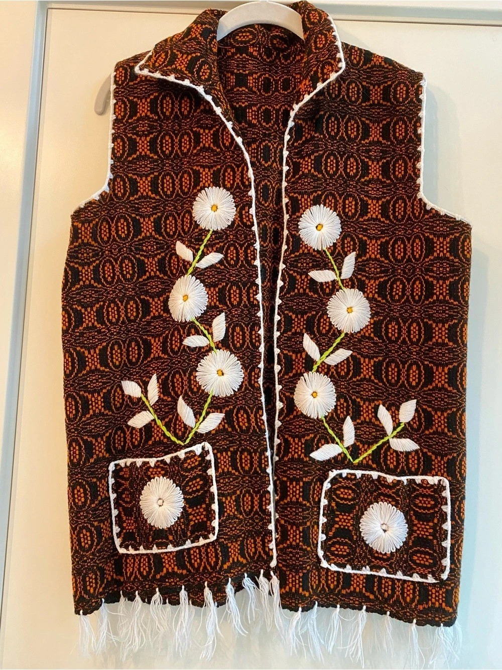 Vintage Embroidered Fringe Vest in Black & Orange Like New